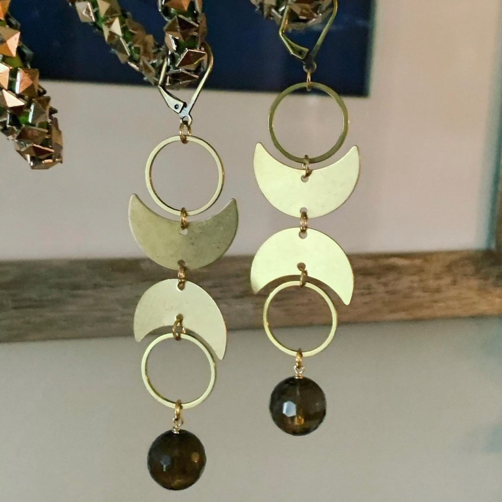 Smoky Quartz brass plated earrings